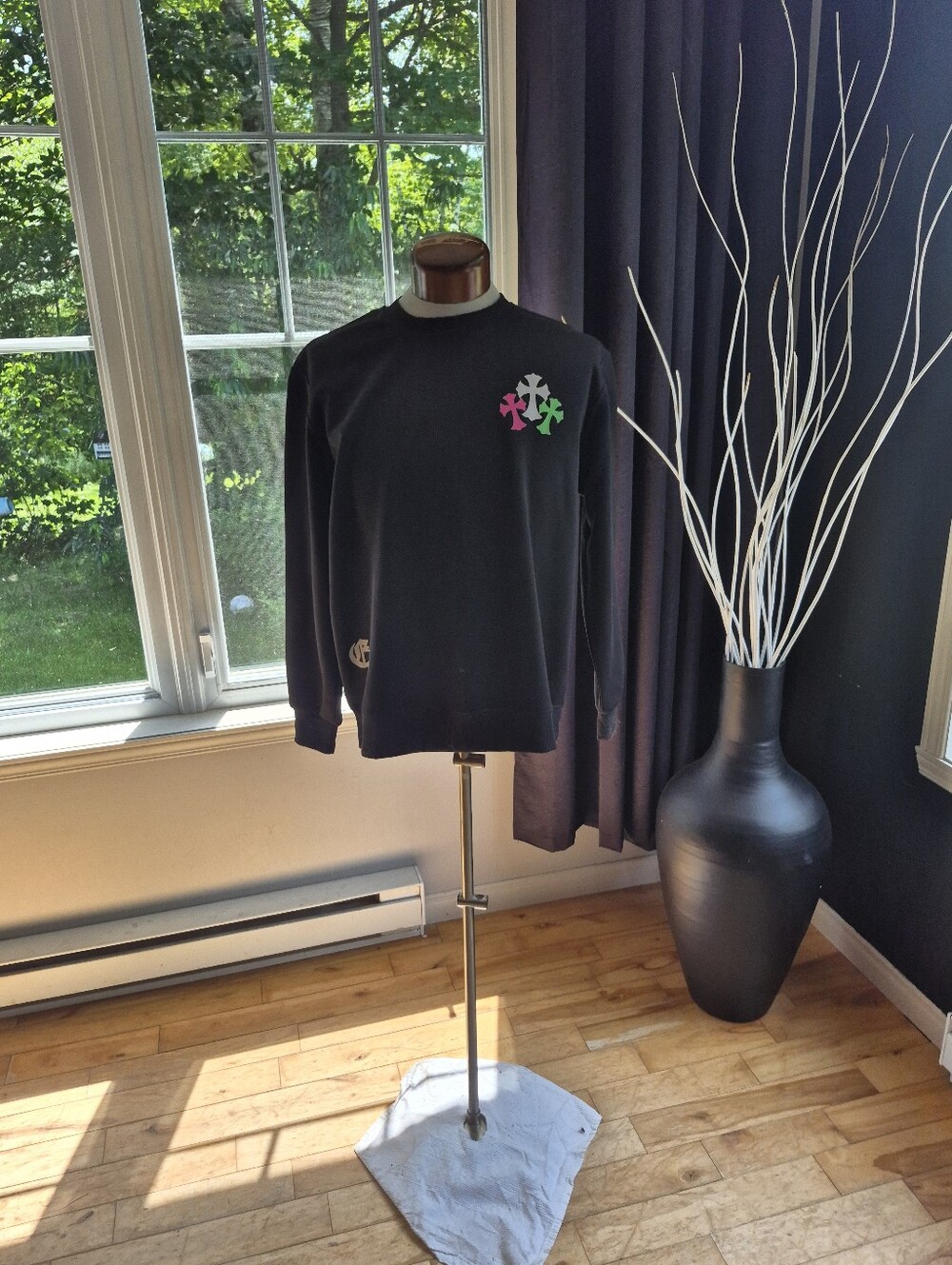 Black Crewneck Sweatshirt with Colorful Cross Motif